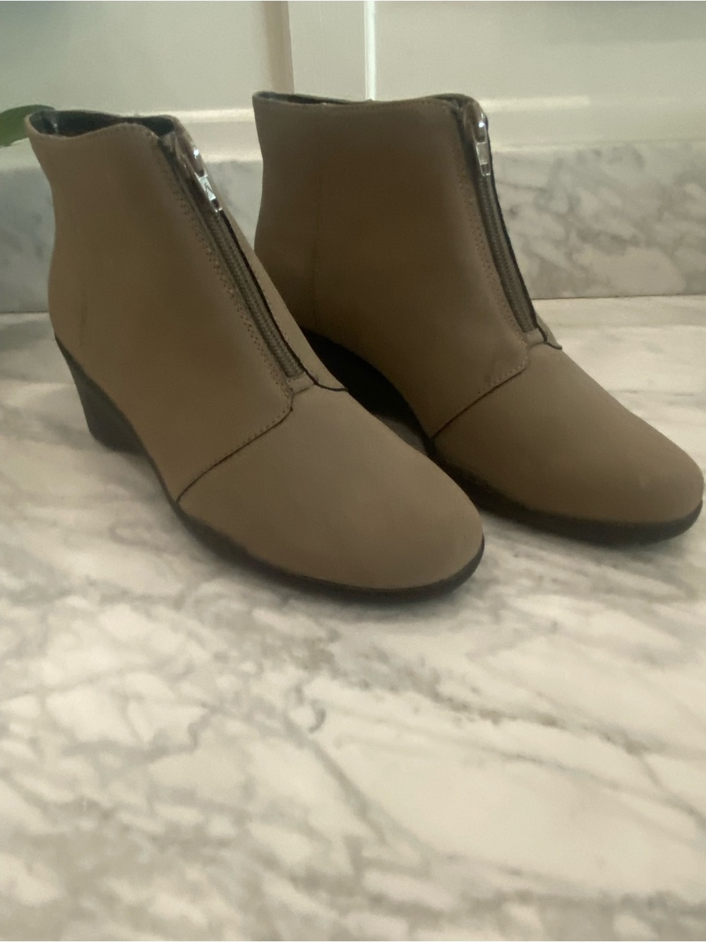 A2 By Aerosoles Taupe Front-Zip Ankle Wedge Booties